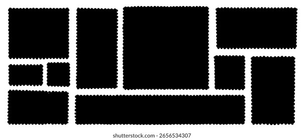Schwarzes, gezacktes Rechteck formen Silhouetten. Handgezeichnete abstrakte gezackte Kante schwarze Formen Vektorgrafik. Schwarz zerrissenes Papierblatt für Aufkleber, Collage, Banner