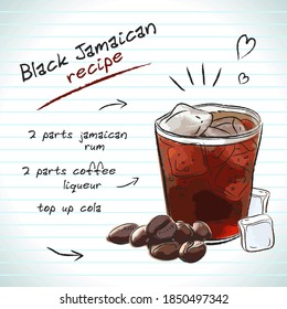 Black jamaican cocktail, vector sketch hand drawn illustration, fresh summer alcoholic drink with recipe and fruits