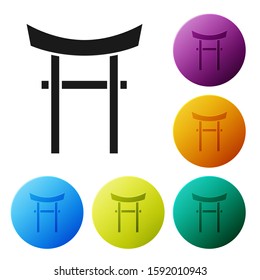 Black Japan Gate icon isolated on white background. Torii gate sign. Japanese traditional classic gate symbol. Set icons colorful circle buttons. Vector Illustration