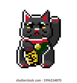 Black, Japanese Lucky Cat Maneki Neko Beckoning Good Luck Figurine Bobtail 8bit Pixel Art