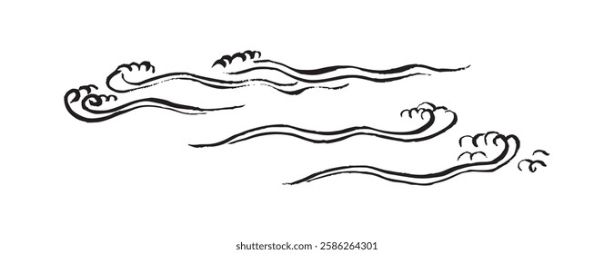 Black Japanese-style line drawing illustration. Minimalist, thin, delicate waves of India ink. Concept of the sea and water spray