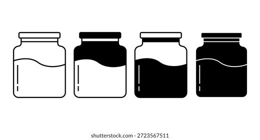 Black-jar-Container-Icon-Paket, das Lebensmittelspeicher-, Organisations- und Küchenmanagement-Konzepte darstellt. Geeignet für Speisekammer, Verpackung und Haushaltsdesign.