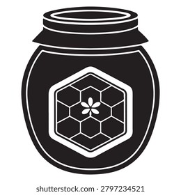 Black Jar with Hexagonal Honeycomb Pattern and Floral Emblem Design Isolated Vector Illustration