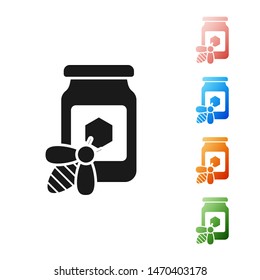 Black Jar of honey with bee icon isolated on white background. Sweet natural food in bank. Honeybee or apis with wings symbol. Flying insect. Set icons colorful. Vector Illustration