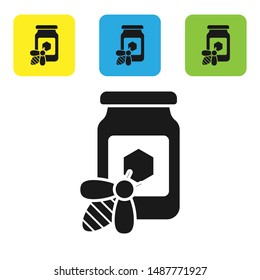 Black Jar of honey with bee icon isolated on white background. Sweet natural food in bank. Honeybee or apis with wings symbol. Flying insect. Set icons colorful square buttons. Vector Illustration