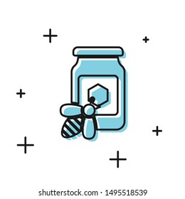 Black Jar of honey with bee icon isolated on white background. Sweet natural food in bank. Honeybee or apis with wings symbol. Flying insect.  Vector Illustration