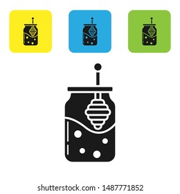 Black Jar of honey and honey dipper stick icon isolated on white background. Food bank. Sweet natural food symbol. Honey ladle. Set icons colorful square buttons. Vector Illustration Black Jar of honey and honey dipper stick icon isolated on white background. Food bank. Sweet natural food symbol. Honey ladle. Set icons colorful square buttons. Vector Illustration