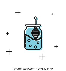 Black Jar of honey and honey dipper stick icon isolated on white background. Food bank. Sweet natural food symbol. Honey ladle.  Vector Illustration