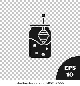 Black Jar of honey and honey dipper stick icon isolated on transparent background. Food bank. Sweet natural food symbol. Honey ladle.  Vector Illustration