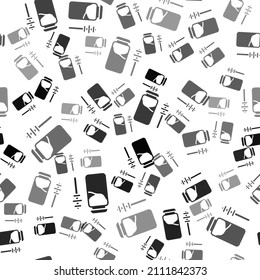 Black Jar of honey and honey dipper stick icon isolated seamless pattern on white background. Food bank. Sweet natural food symbol. Honey ladle.  Vector