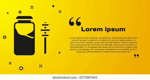 Black Jar of honey and honey dipper stick icon isolated on yellow background. Food bank. Sweet natural food symbol. Honey ladle.  Vector