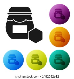 Black Jar of honey icon isolated on white background. Food bank. Sweet natural food symbol. Set icons colorful circle buttons. Vector Illustration