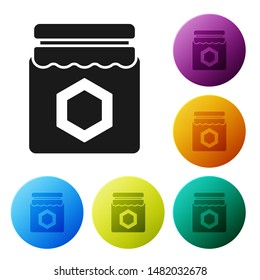 Black Jar of honey icon isolated on white background. Food bank. Sweet natural food symbol. Set icons colorful circle buttons. Vector Illustration