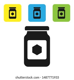 Black Jar of honey icon isolated on white background. Food bank. Sweet natural food symbol. Set icons colorful square buttons. Vector Illustration
