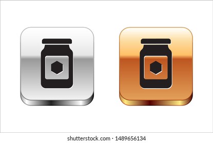 Black Jar of honey icon isolated on white background. Food bank. Sweet natural food symbol. Silver-gold square button. Vector Illustration