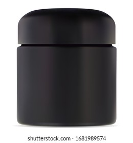 Black jar mockup. Cosmetic cream plastic container. Rounded package with lid for scrub or butter. Premium face or body skin care product can