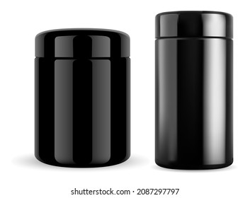 Black jar mockup. Plastic cylinder protein container, sport supplement capsule template. Bodybuilding sport nutrition powder glossy bottle