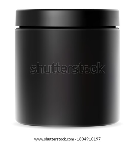 Black jar. Plastic container for cream. Cosmetic packaging mockup with glossy lid for whey protein powder or premium sport supplement. Cylinder tube package for bodybuilding vitamin or shake