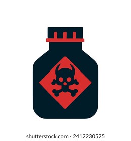 Black jar with red lid and poison sign in foreground, skull and bones warning symbol.