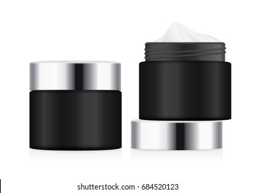 Black jar with silver lid opened to showing white foundation cream. illustration about cosmetic mock up.