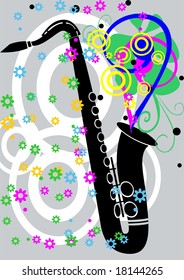 Black Jazz Saxaphone With Flowers Vector Illustration