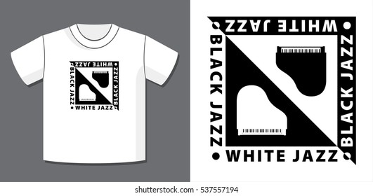 Black Jazz White Jazz Piano Logo Design Composition with Potential Application Example on T-Shirt Vector Template - Black and White Elements on Completely Reverse Background - Flat Graphic Style