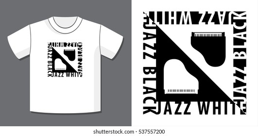 Black Jazz White Jazz Piano Logo Design Composition with Potential Application Example on T-Shirt Vector Template - Black and White Elements on Reverse Background - Retro Avant-Garde Style Graphic