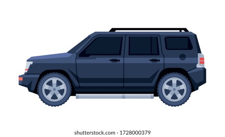 Black Jeep Car, Government or Presidential Off Road Vehicle, Luxury Business Transportation, Side View Flat Vector Illustration