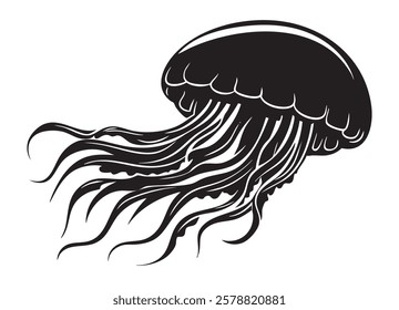 A black jellyfish with long tentacles is floating in the air