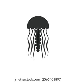 Black jellyfish silhouette icon featuring flowing tentacles, representing marine life, ocean themes, or aquatic creatures, perfect for logos, icons, and designs.