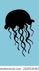 Black jellyfish silhouette. Vector on blue background