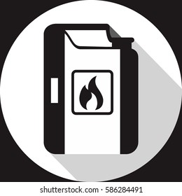 black jerry can with fire symbol in a circle with shadow effect and flat black square background