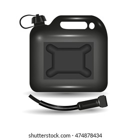 Black jerrycan and hose, isolated on a white background, vector illustration.