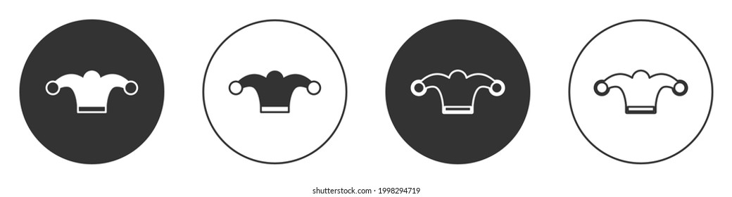 Black Jester hat with bells isolated on white background. Clown icon. Amusement park funnyman sign. Circle button. Vector