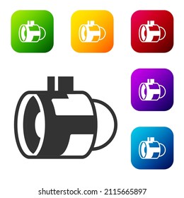 Black Jet engine turbine icon isolated on white background. Plane turbine. Airplane equipment. Jet propeller. Aviation service. Motor running. Set icons in color square buttons. Vector