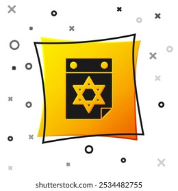 Black Jewish calendar with star of david icon isolated on white background. Hanukkah calendar day. Yellow square button. Vector