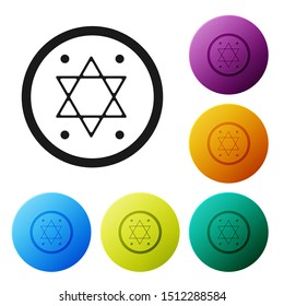 Black Jewish coin icon isolated on white background. Currency symbol. Set icons colorful circle buttons. Vector Illustration