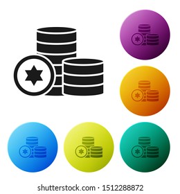 Black Jewish coin icon isolated on white background. Currency symbol. Set icons colorful circle buttons. Vector Illustration