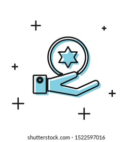 Black Jewish coin on hand icon isolated on white background. Currency symbol.  Vector Illustration