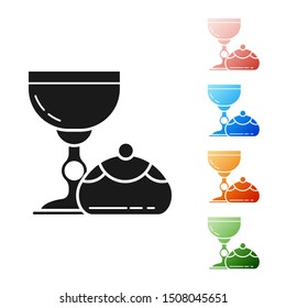 Black Jewish goblet and hanukkah sufganiyot icon isolated on white background. Jewish sweet bakery. Wine cup for kiddush. Set icons colorful. Vector Illustration