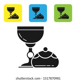 Black Jewish goblet and hanukkah sufganiyot icon isolated on white background. Jewish sweet bakery. Wine cup for kiddush. Set icons colorful square buttons. Vector Illustration
