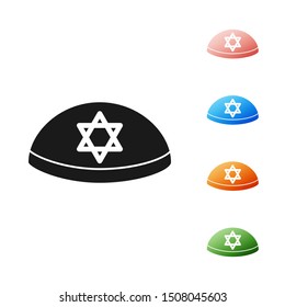 Black Jewish kippah with star of david icon isolated on white background. Jewish yarmulke hat. Set icons colorful. Vector Illustration