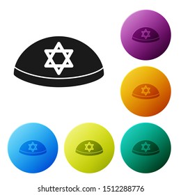 Black Jewish kippah with star of david icon isolated on white background. Jewish yarmulke hat. Set icons colorful circle buttons. Vector Illustration