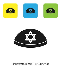 Black Jewish kippah with star of david icon isolated on white background. Jewish yarmulke hat. Set icons colorful square buttons. Vector Illustration