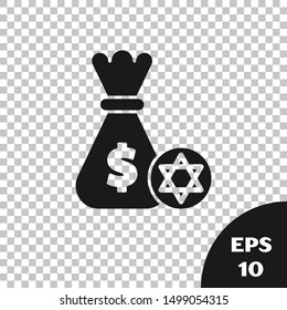 Black Jewish money bag with star of david and coin icon isolated on transparent background. Currency symbol.  Vector Illustration