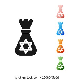 Black Jewish money bag with star of david icon isolated on white background. Currency symbol. Set icons colorful. Vector Illustration