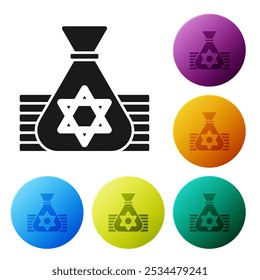 Black Jewish money bag with star of david icon isolated on white background. Currency symbol. Set icons in color circle buttons. Vector