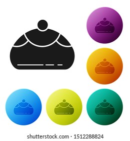Black Jewish sweet bakery icon isolated on white background. Hanukkah sufganiyot. Jewish easter cake. Set icons colorful circle buttons. Vector Illustration