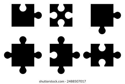 Black jigsaw puzzle pieces set isolated on white background, abstract shapes representing connection, problem solving, and teamwork concept