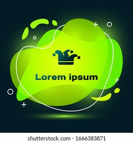 Black Joker playing card icon isolated on black background. Jester hat with bells. Casino gambling. Abstract banner with liquid shapes. Vector Illustration